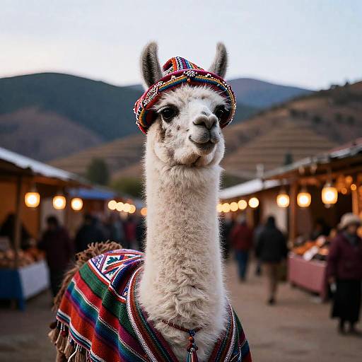 Andean Llama Wearing Poncho at Dusk