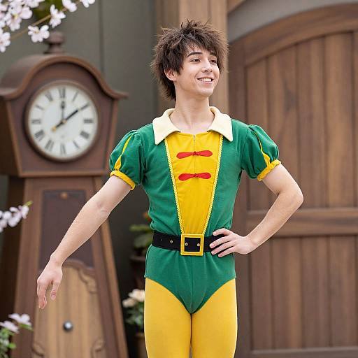 Young man in green and yellow Puck costume, smiling, hands on hips, standing in front of wooden clock and door.