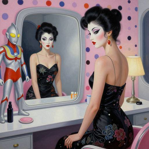 Digital illustration: Elegant woman with white face makeup, black floral dress, and red earrings sits at vanity, gazing at her reflection, with a silver