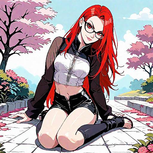 Red-Haired Anime Girl Sitting Outdoors