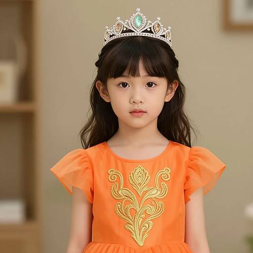 Photograph of an Asian young girl with long black hair, wearing a silver tiara and an orange dress with gold embroidery, standing indoors.