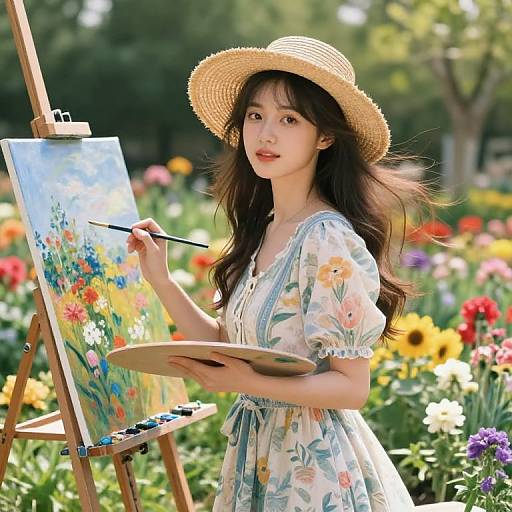 Asian woman with long brown hair, wearing a straw hat and floral dress, paints vibrant flowers on an easel in a sunny garden.
