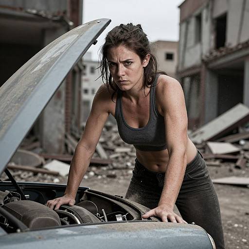Photograph of a determined, muscular woman with wet black hair, wearing a gray sports bra and black pants, leaning over a car with an open hood