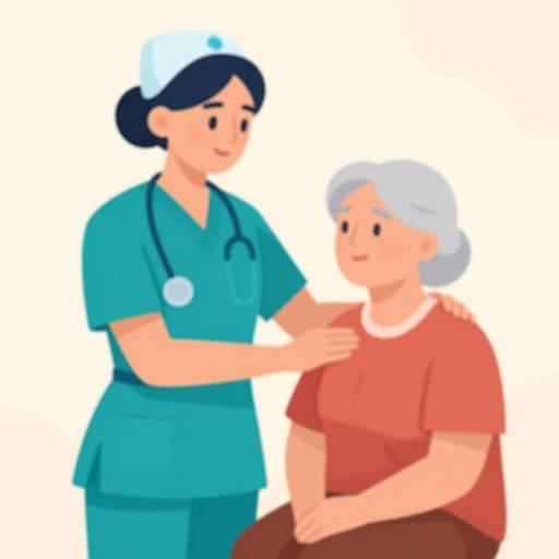 Digital illustration of a smiling nurse with dark hair in teal scrubs and white cap, gently touching the shoulder of an elderly woman with white hair in a