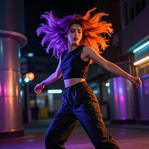 Photograph of a young woman with vibrant purple-orange hair flowing, wearing a black crop top and high-waisted cargo pants, dancing in a neon