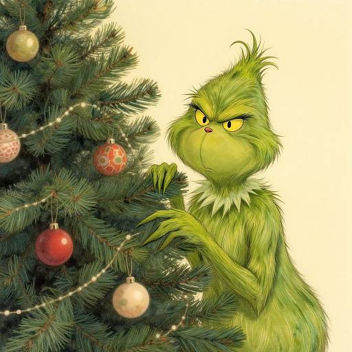 Digital illustration of a green, furry, grumpy-looking bird with yellow eyes, touching a decorated Christmas tree with red and gold ornaments.