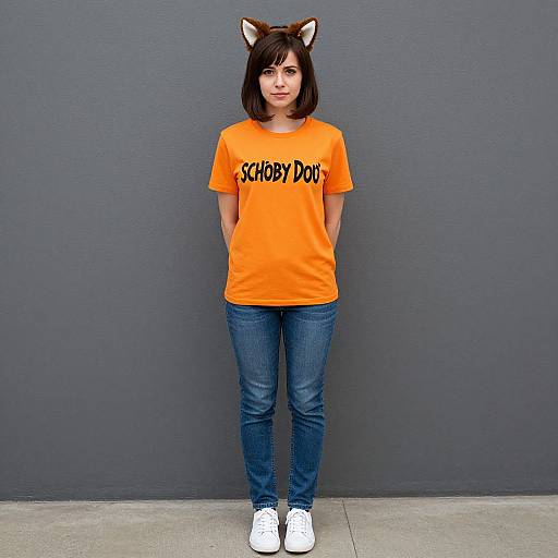 Photograph of a young woman with brown cat ears, wearing an orange 