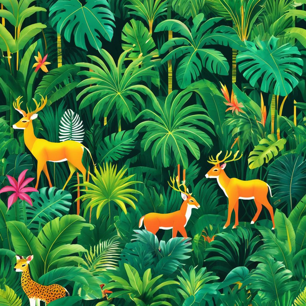 Whimsical Jungle Scene with Exotic Wildlife