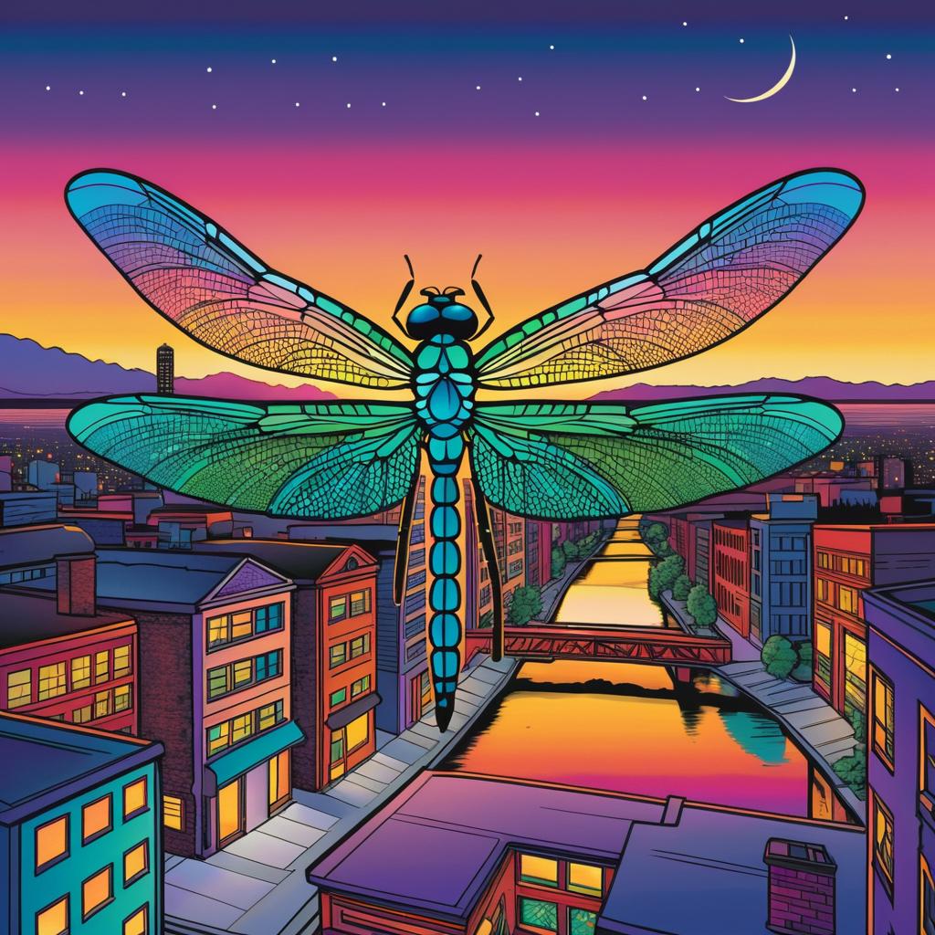 Vibrant Dragonfly in Twilight Urban Scene