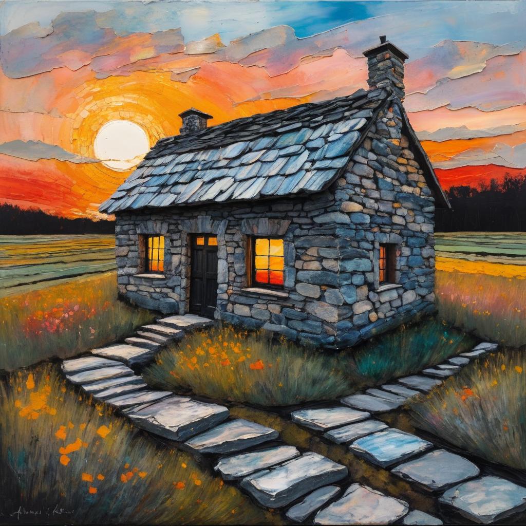 Cottage at Sunset in Kiefer Style