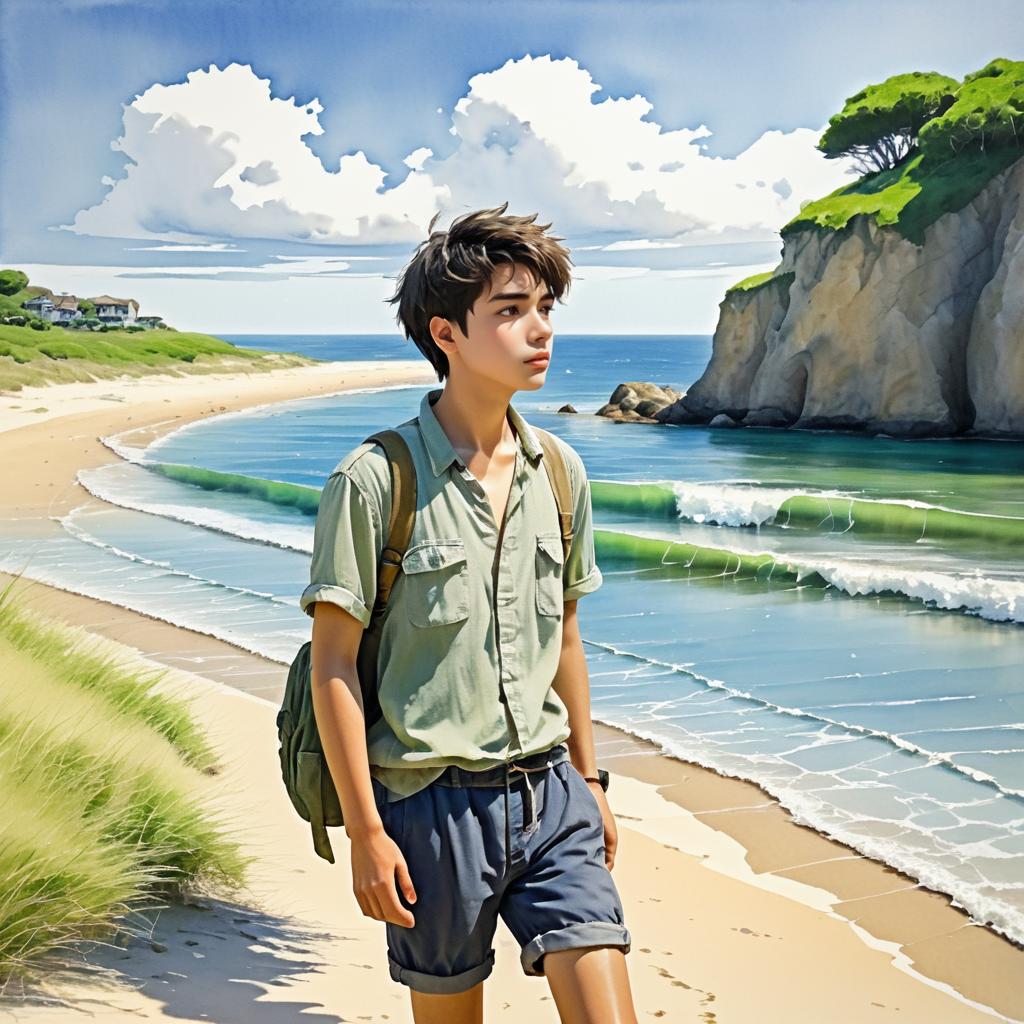 Thoughtful Young Man on a Lonely Beach