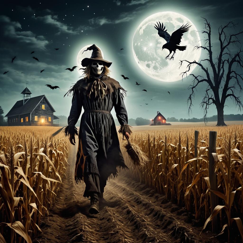 Twisted Scarecrow Haunts Moonlit Cornfield