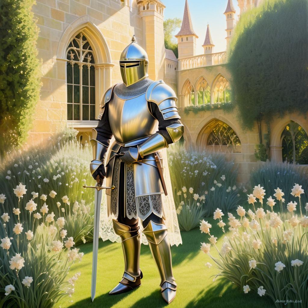 Medieval Knight in Sunlit Garden Painting