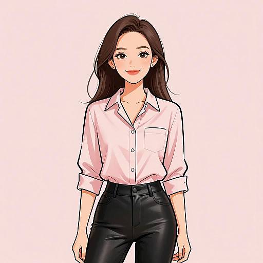 Digital anime-style drawing of a smiling Asian woman with long brown hair, wearing a white button-up shirt and black leather pants.