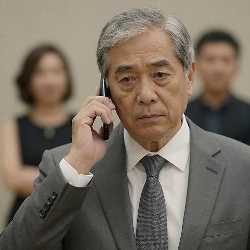 Photograph of an older Asian man with gray hair, wearing a gray suit and tie, holding a phone, with two blurred individuals in the background.