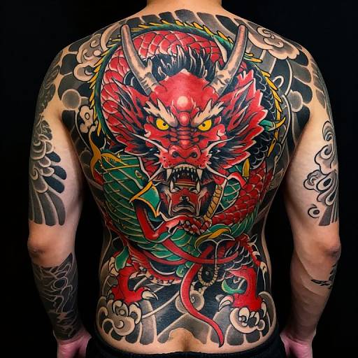 Photograph of a tattooed male back featuring a vibrant, detailed red and green dragon with horns, surrounded by black clouds and traditional Japanese-style patterns.