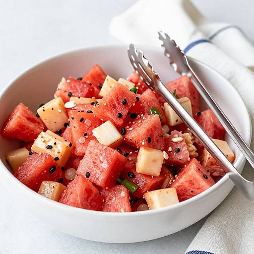 Photograph of a white bowl filled with vibrant red watermelon cubes, pale yellow cheese cubes, and black sesame seeds, with two stainless steel forks on