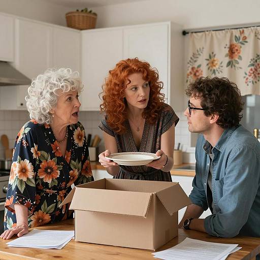 Three Adults Discussing Item in Kitchen