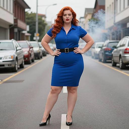 Confident Plus-Size Woman in Blue Dress on Street