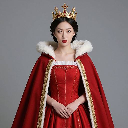 Photograph of an East Asian woman with fair skin, red lipstick, black hair in braids, wearing a gold crown, red corset dress,