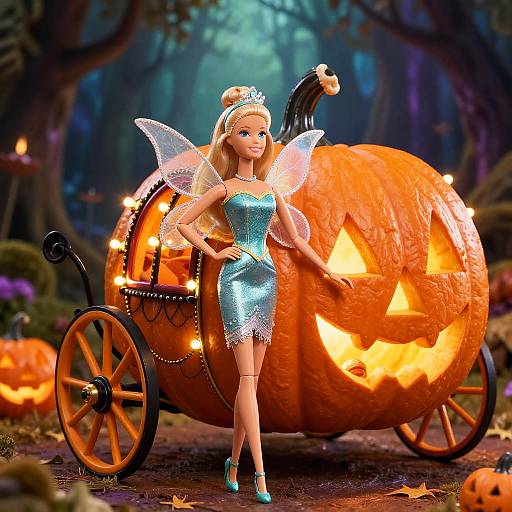 Photorealistic CGI of a blonde fairy princess in a sparkly blue dress, standing confidently beside a glowing, carved pumpkin carriage in a dark, enchanted