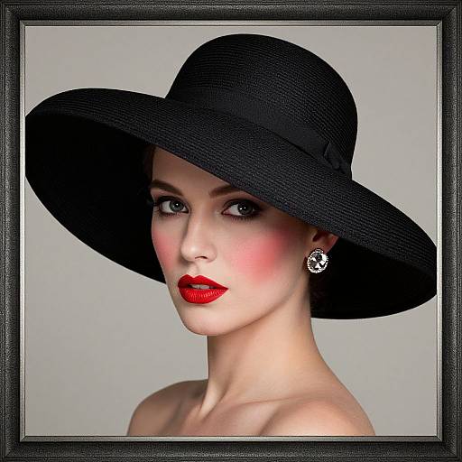 Digital portrait of a fair-skinned woman with red lipstick, wearing a black wide-brimmed hat, silver earrings, and a bare shoulder, framed