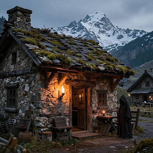 Photograph of a rustic stone cottage with moss-covered roof, warm orange lights, mountainous snowy backdrop, and a cloaked figure in the foreground.