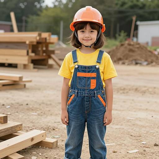 Young Girl in Construction Outfit on Site