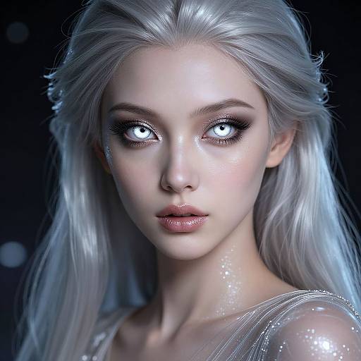 Digital artwork of a pale-skinned, ethereal woman with glowing white eyes, long silver hair, and shimmering skin, set against a dark background