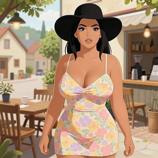Digital illustration of a curvy woman with tan skin, large breasts, black hair, and black hat, wearing a floral sundress, standing in a