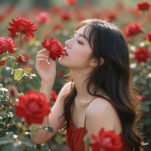 Young Woman in Red Rose Field
