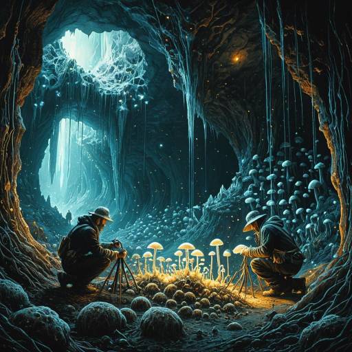 Futuristic Farmers Harvesting Glowing Fungi in Crystalline Cave Futuristic Farmers Harvesting Glowing Fungi in Crystalline Cave