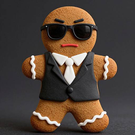 Photograph of a gingerbread cookie with black sunglasses, black vest, white shirt, and tie, and white icing details, standing against a dark background