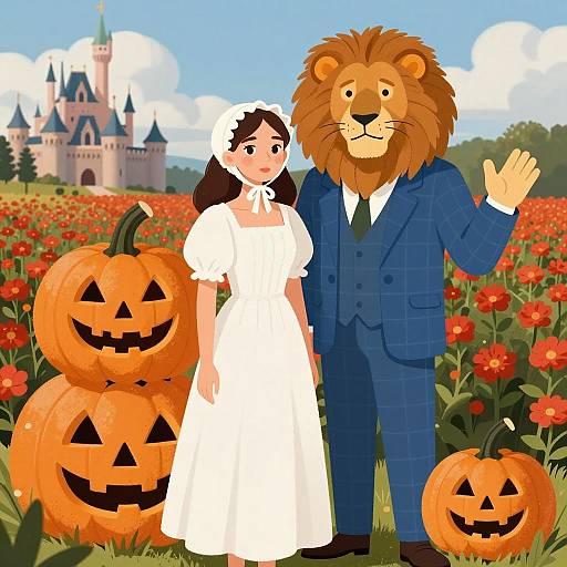 Woman and Lion-Headed Man with Halloween Pumpkins