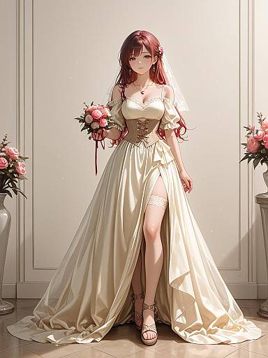 Digital anime-style drawing of a red-haired woman in a flowing beige wedding dress with a thigh-high slit, standing in a sunlit room with pink flower
