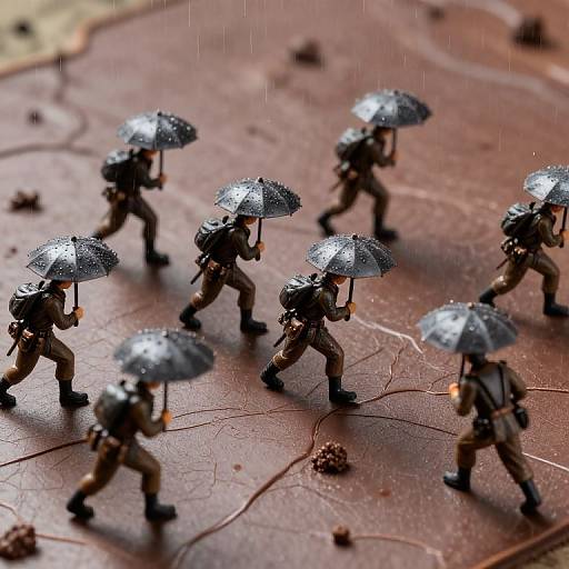 Photograph of small, detailed figurines of people in raincoats and black umbrellas walking on a textured, brown, cracked surface during rain.