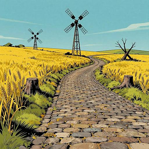 Stylized digital artwork of a cobblestone path winding through a golden wheat field with two windmills under a clear blue sky.