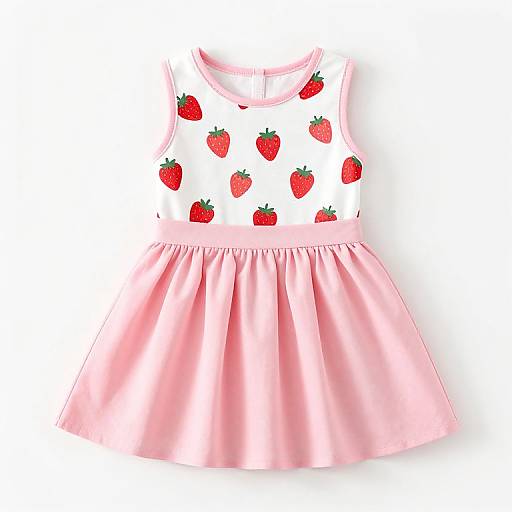 Photograph of a sleeveless, white tank top with strawberry prints, paired with a pink, pleated skirt, displayed against a white background.