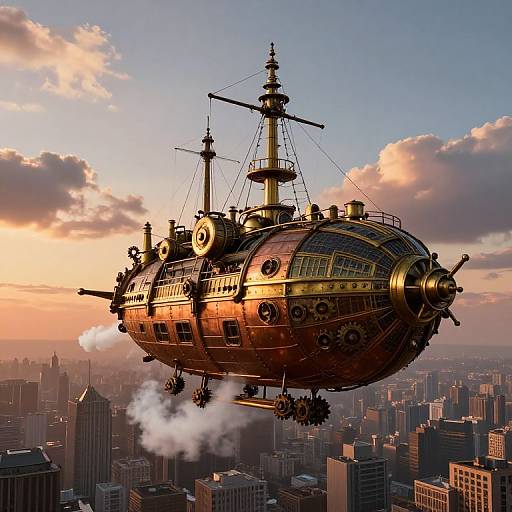 Vintage Steampunk Airship Over Metropolis