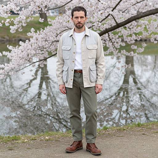 Photograph of a bearded man in a white shirt, beige jacket, green pants, and brown boots standing under blooming cherry blossoms by a