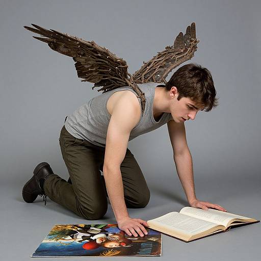 Photograph of a young man with dark angel wings, wearing a gray sleeveless shirt and black pants, kneeling on a gray floor, reading an open
