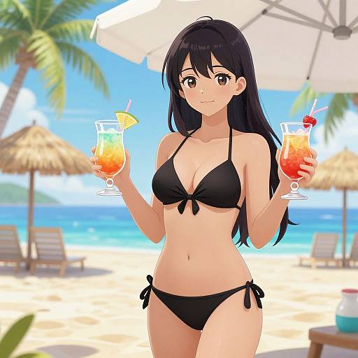 Anime-style drawing of a smiling, black-haired woman in a black bikini, holding two tropical drinks on a sunny beach with palm trees and umbrellas.