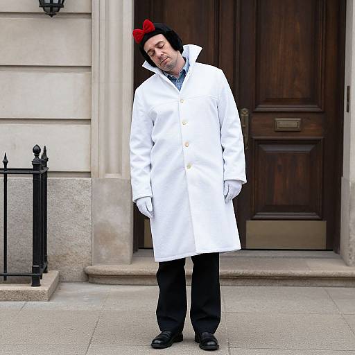 Photograph of a man in a white coat, black pants, black shoes, white gloves, and red bow tie, standing outside a wooden door with