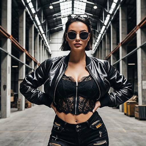Confident Woman in Leather Jacket and Lace Bodysuit