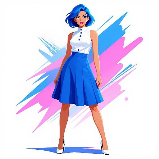 Digital illustration of a blue-haired woman in a white sleeveless top and blue skirt, standing confidently with white heels, against a vibrant pink and blue abstract