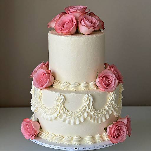 Photograph of a two-tiered white wedding cake adorned with pink roses, featuring intricate piped icing patterns and pearls on the lower tier.
