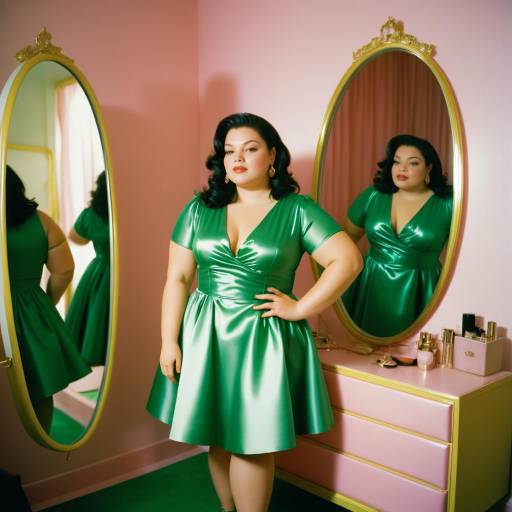 Plus Size Woman in Green Dress by Mirror