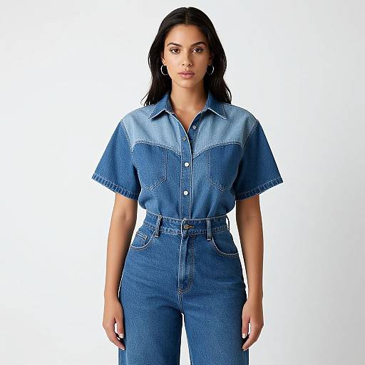 Photograph of a woman with medium brown skin, long black hair, wearing a blue denim button-up shirt and high-waisted pants, standing against