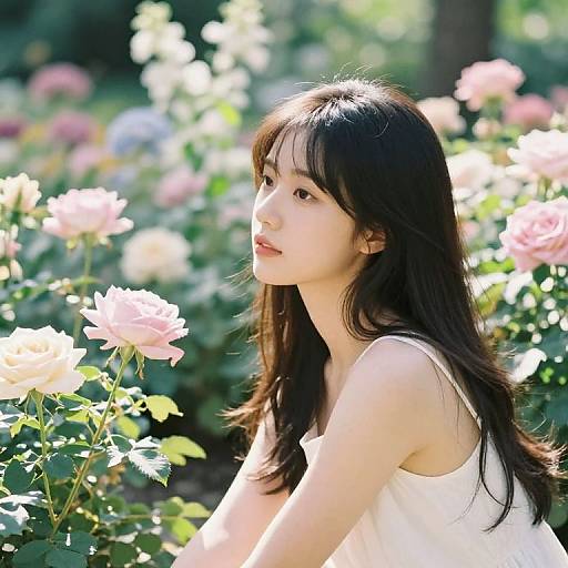 Photograph of a young Asian woman with long black hair, wearing a white sleeveless dress, sitting among blooming pink and white roses in a sun