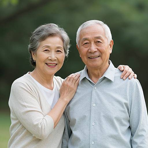 Photograph of smiling elderly Asian couple, woman with short gray hair in white sweater, man with white hair in light gray shirt, standing closely outdoors with